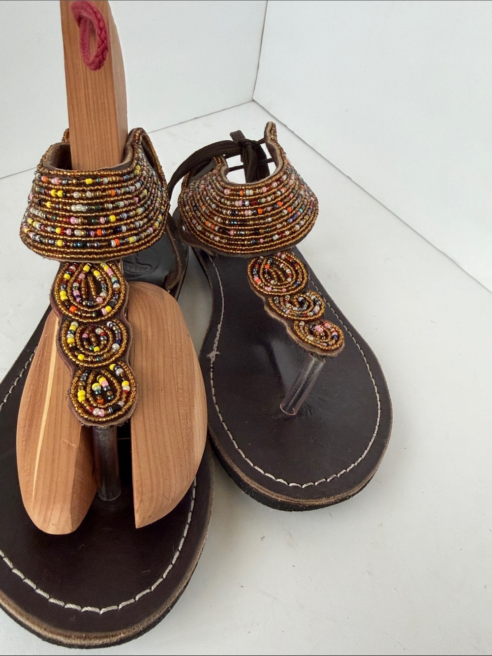 Maasai Original Beaded Brown Leather Thong Sandals - Stylish Ankle  Size 40